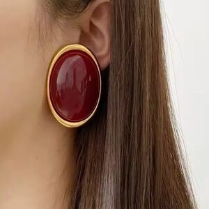 Vintage Oversized Red Brass Oval Statement Earrings